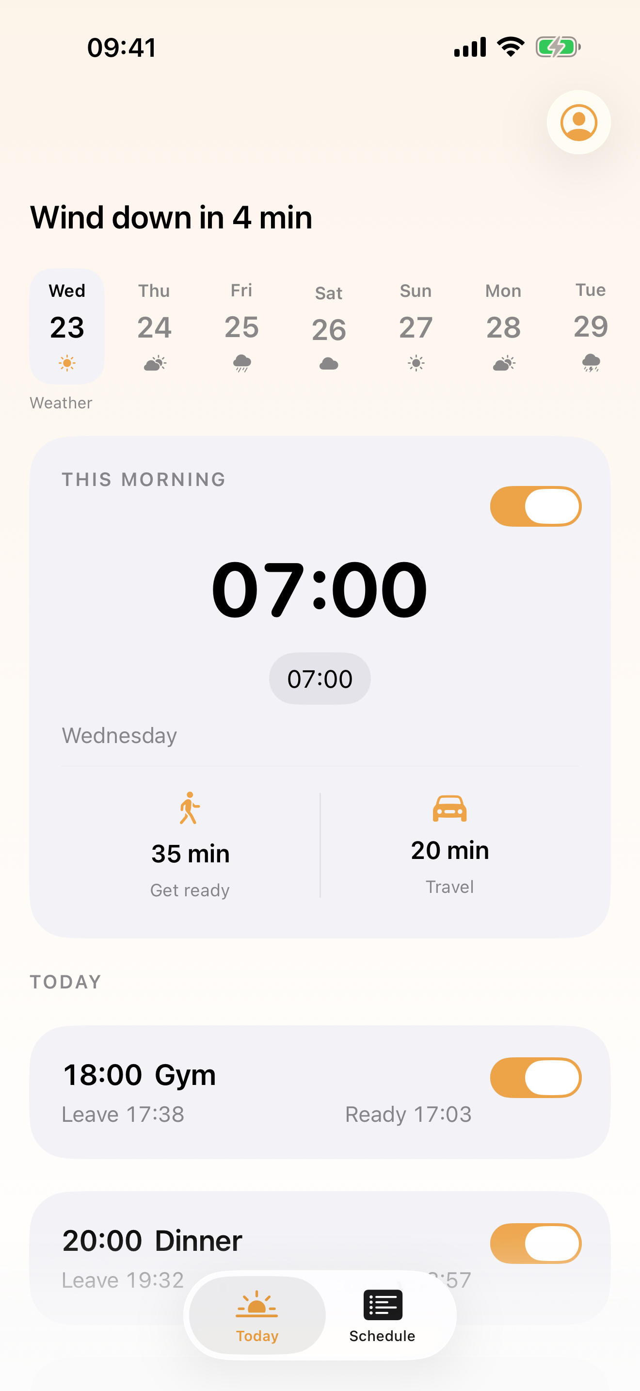 Latey wind-down and morning schedule screen